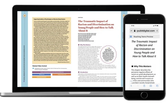 Image shows a highly stylized replica view of a textbook page with tinted text boxes, outlines, and fancy borders. The Responsive version of this same content does not need all of the visual appealing graphical treatments. It contains images, text, titles and headers with proper formatting.
