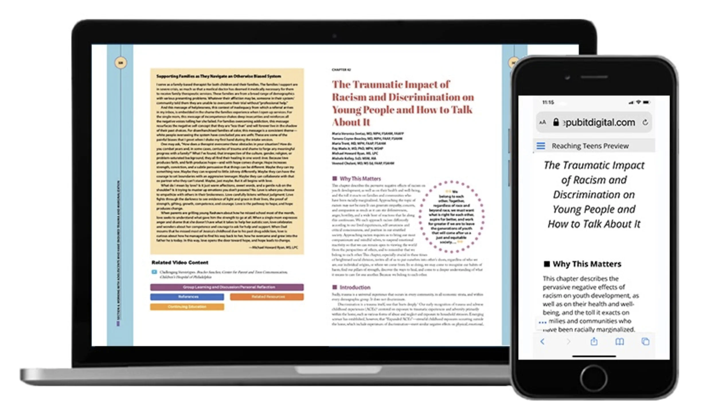 Image shows a highly stylized replica view of a textbook page with tinted text boxes, outlines, and fancy borders. The Responsive version of this same content does not need all of the visual appealing graphical treatments. It contains images, text, titles and headers with proper formatting.
