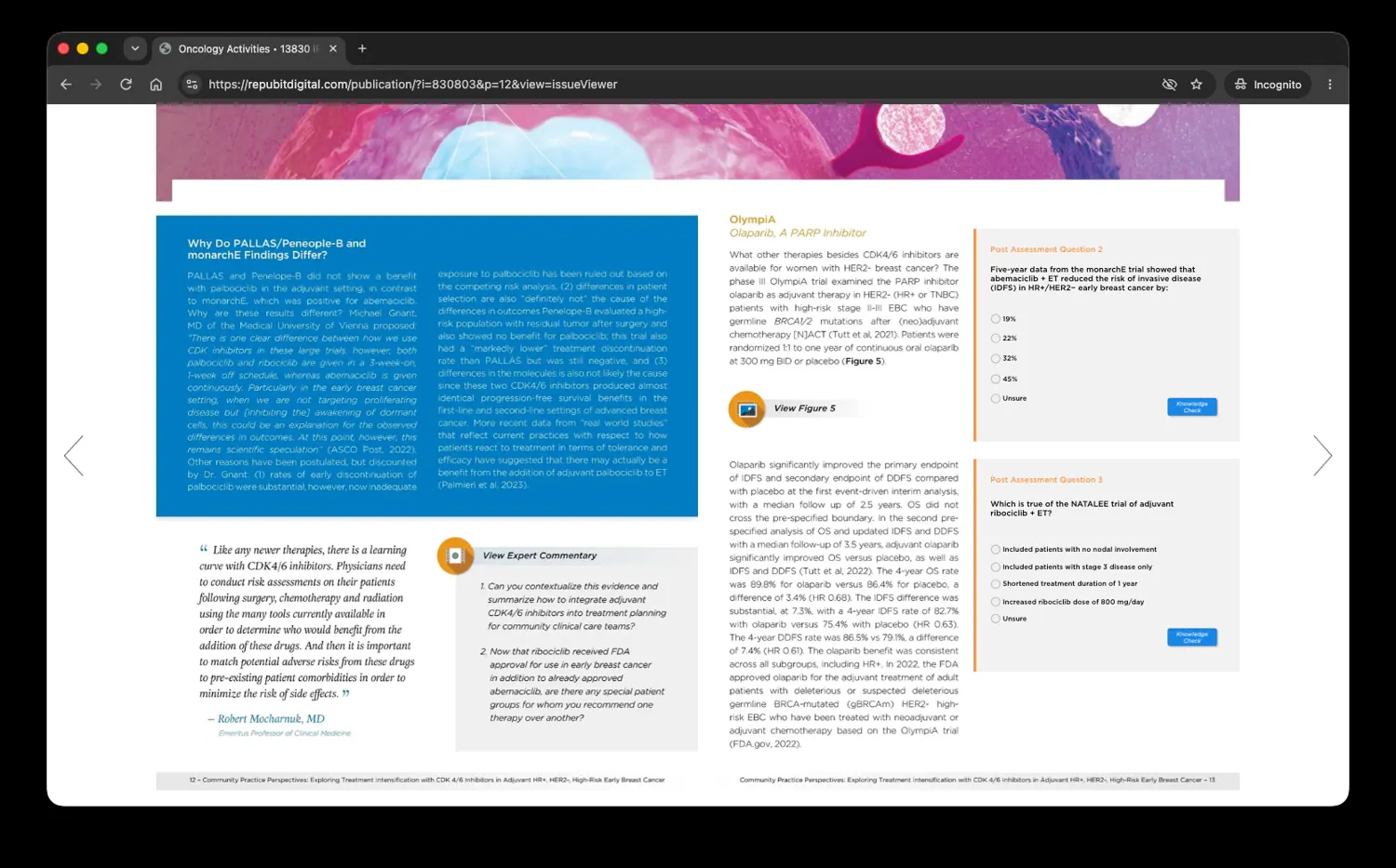 AXIS CME oncology content alongside post-assessment knowledge checks