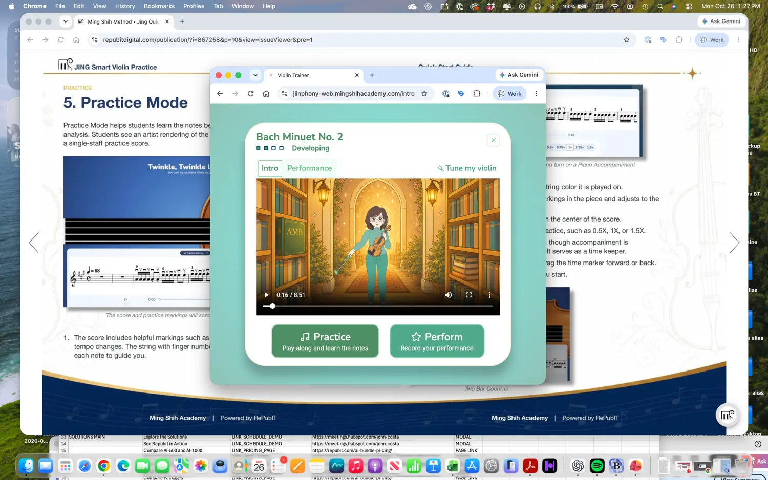 JING digital guide with the separately developed violin practice application open