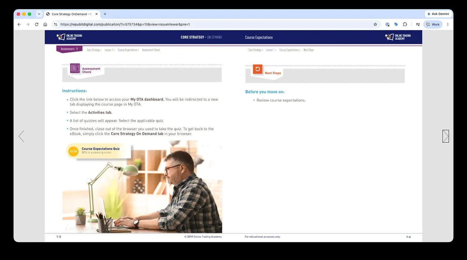 Trading Academy assessment page and next steps