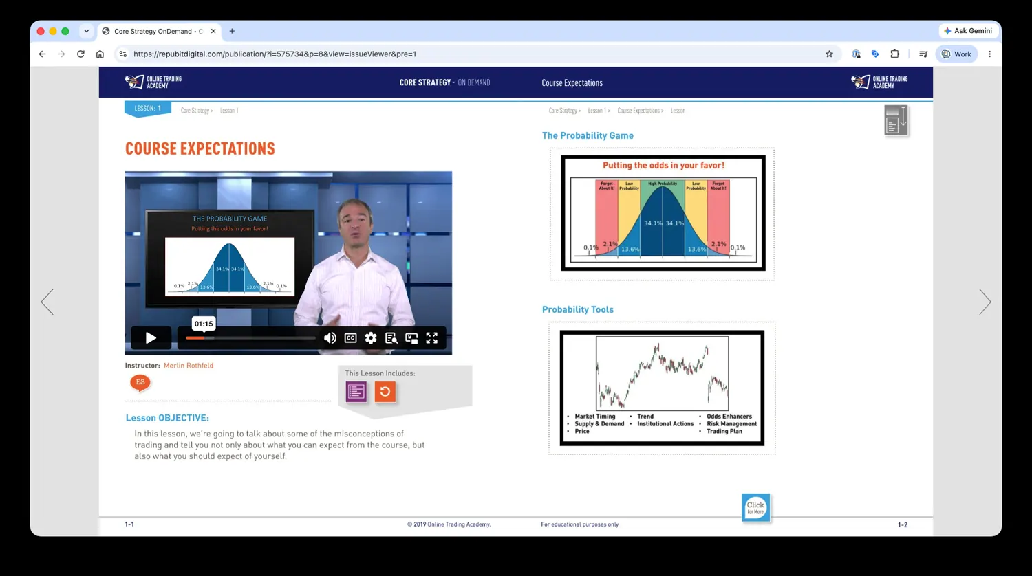 Trading Academy on-demand course with video instructor and supporting visuals